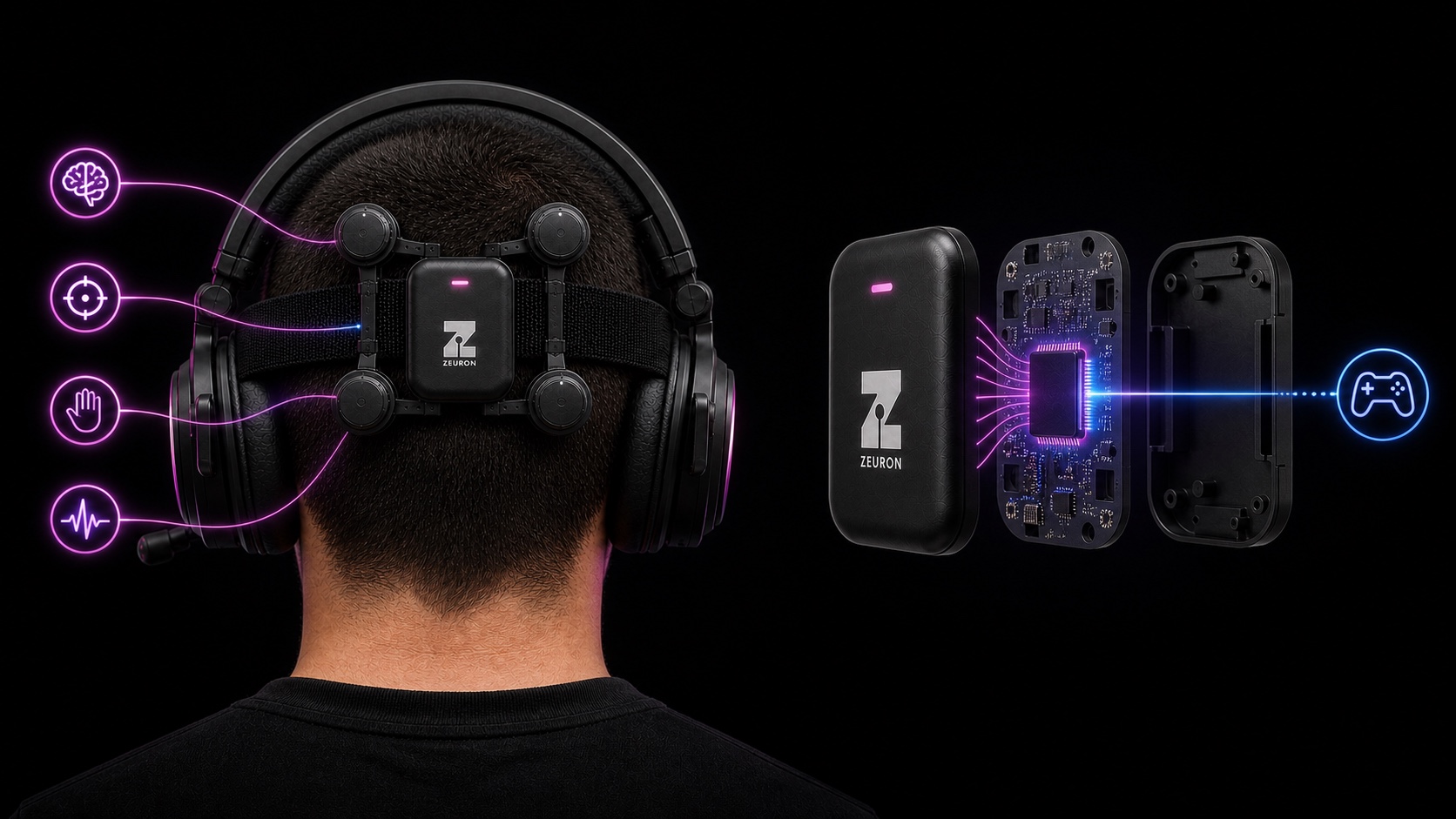 Concept visualization: Gambit worn on the head, with its sensors and processing unit illustrated
