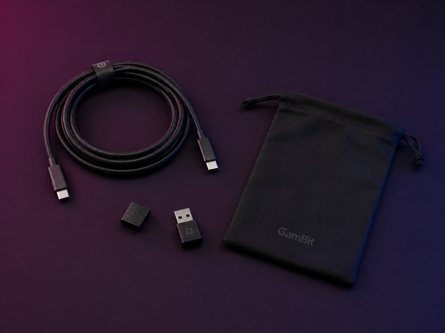 Concept visualization: Braided USB-C cable, wireless receiver, and accessory pouch on a desk