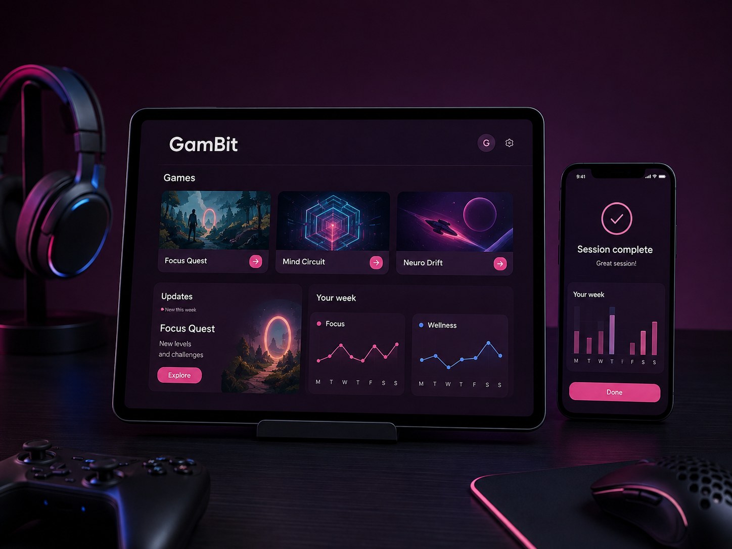 Concept visualization: Tablet and phone showing a Gambit companion app with games, updates, and weekly charts