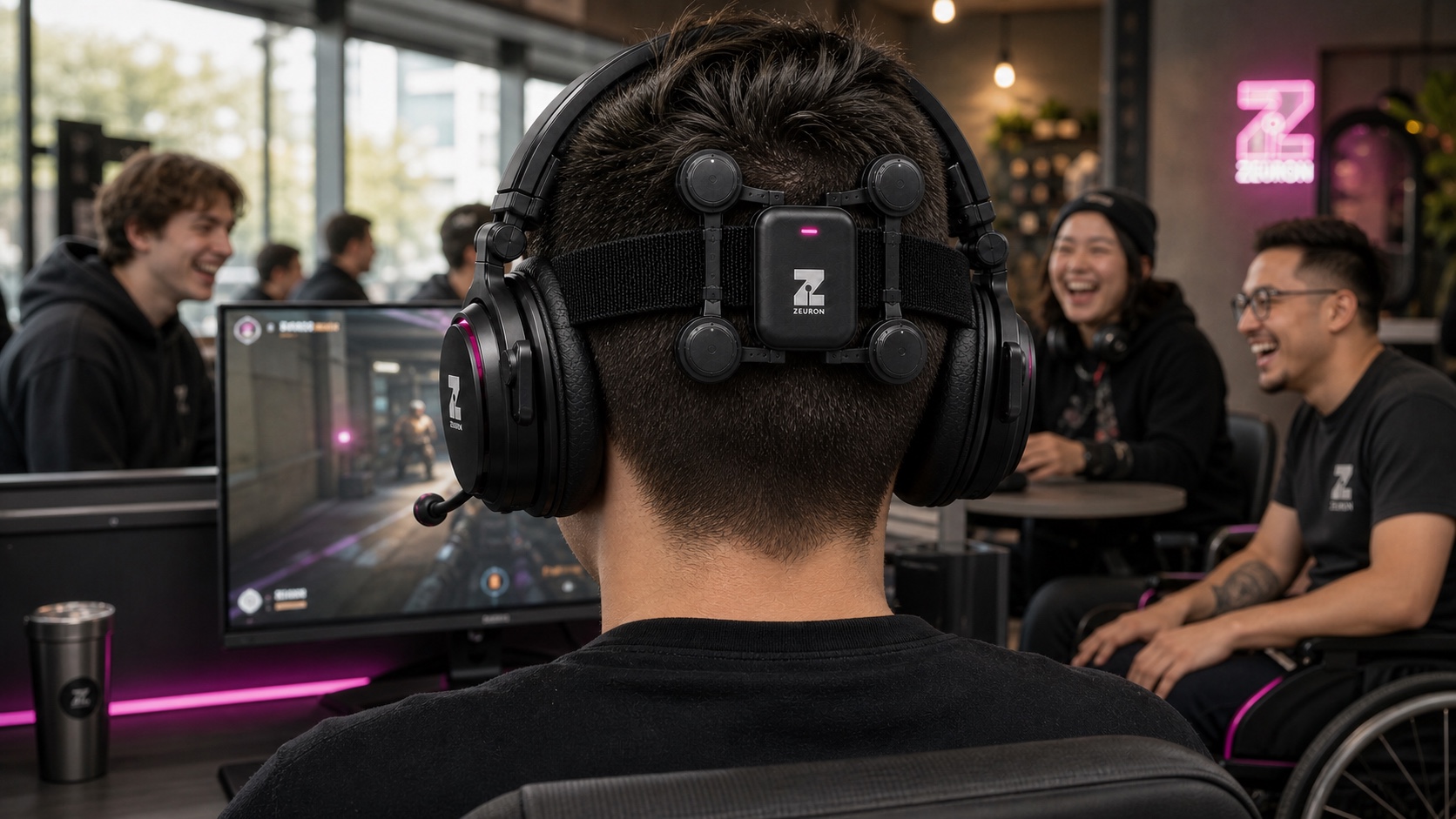 Concept visualization: three friends celebrating together around a gaming setup
