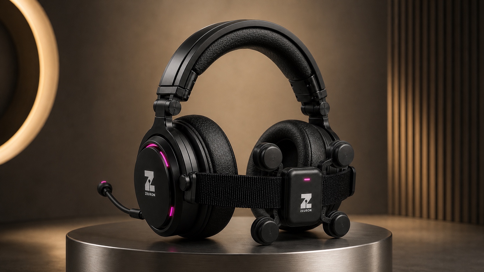 Concept visualization: the Gambit headset on a sculptural pedestal