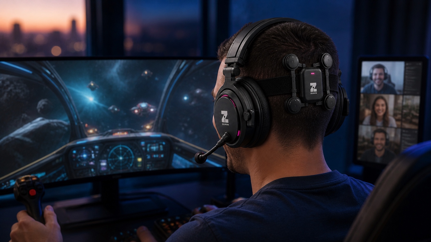 Concept visualization: a focused player mid-session, lit by the screen