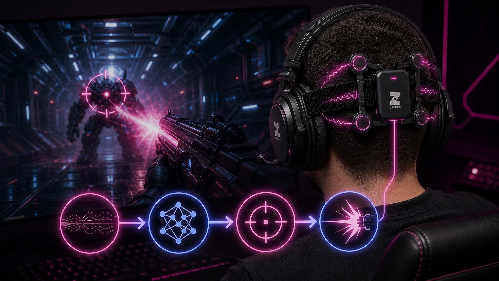 Concept visualization: a player wearing Gambit while aiming in a sci-fi game