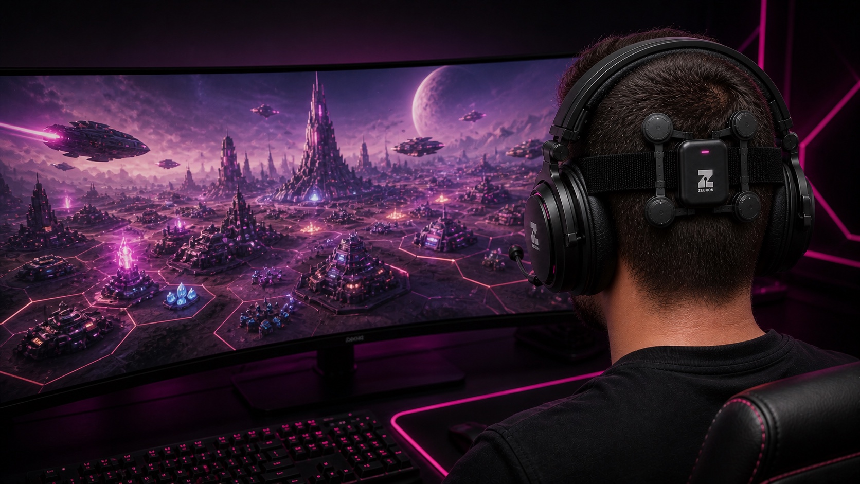 Concept visualization: a player in the Gambit headset over an alien colony strategy map