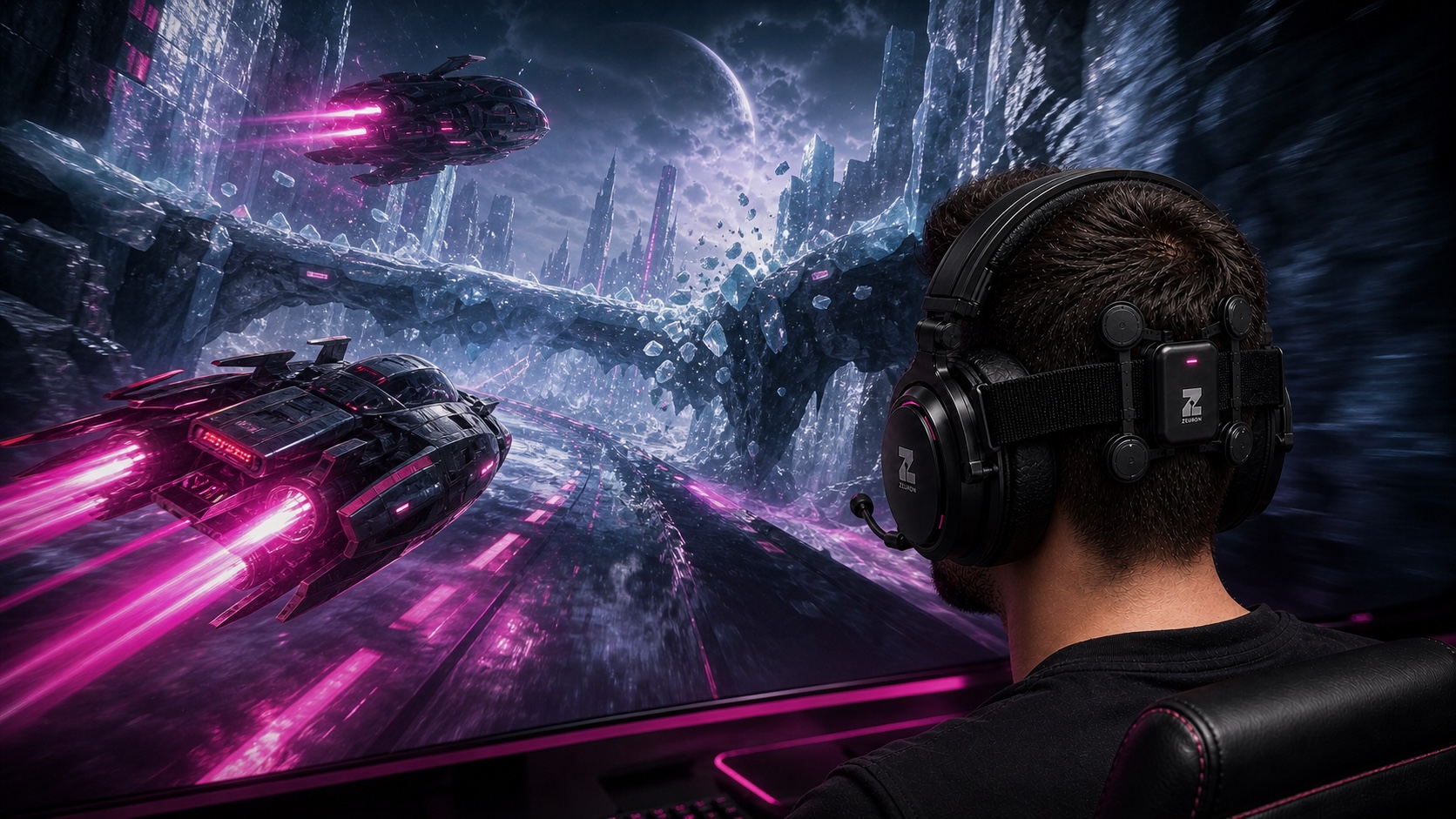 Concept visualization: a player in the Gambit headset racing anti-grav craft through an ice canyon