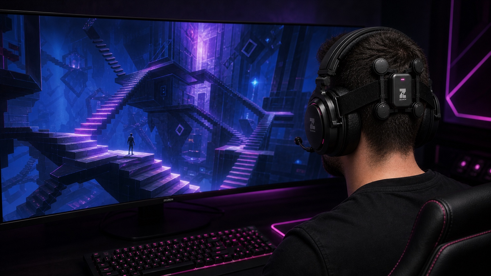 Concept visualization: a player in the Gambit headset inside an impossible-architecture puzzle