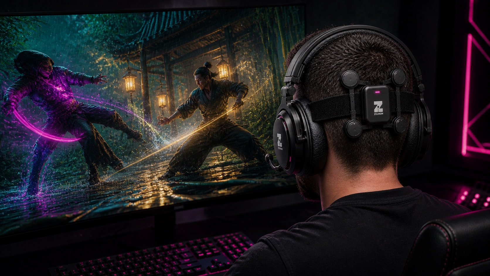 Concept visualization: a player in the Gambit headset mid time-slow martial-arts duel