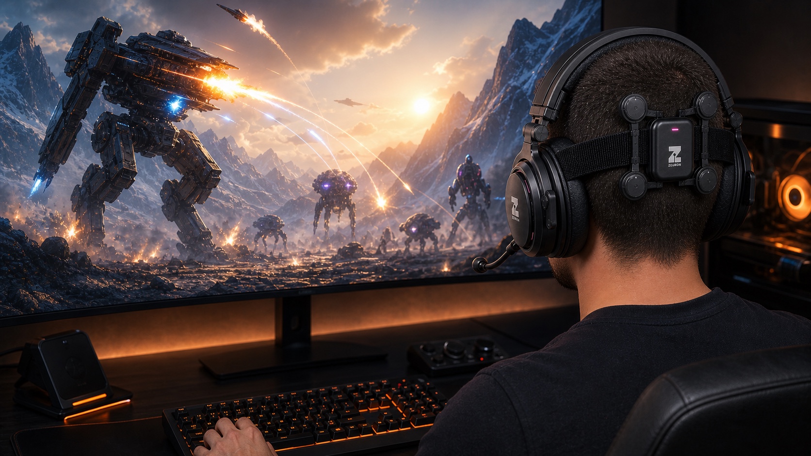 Concept visualization: a player in the Gambit headset commanding mechs defending a valley