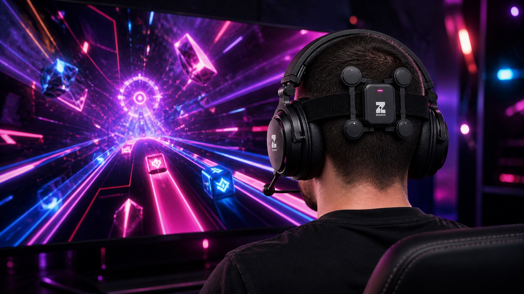 Concept visualization: a player in the Gambit headset inside a neon rhythm action world