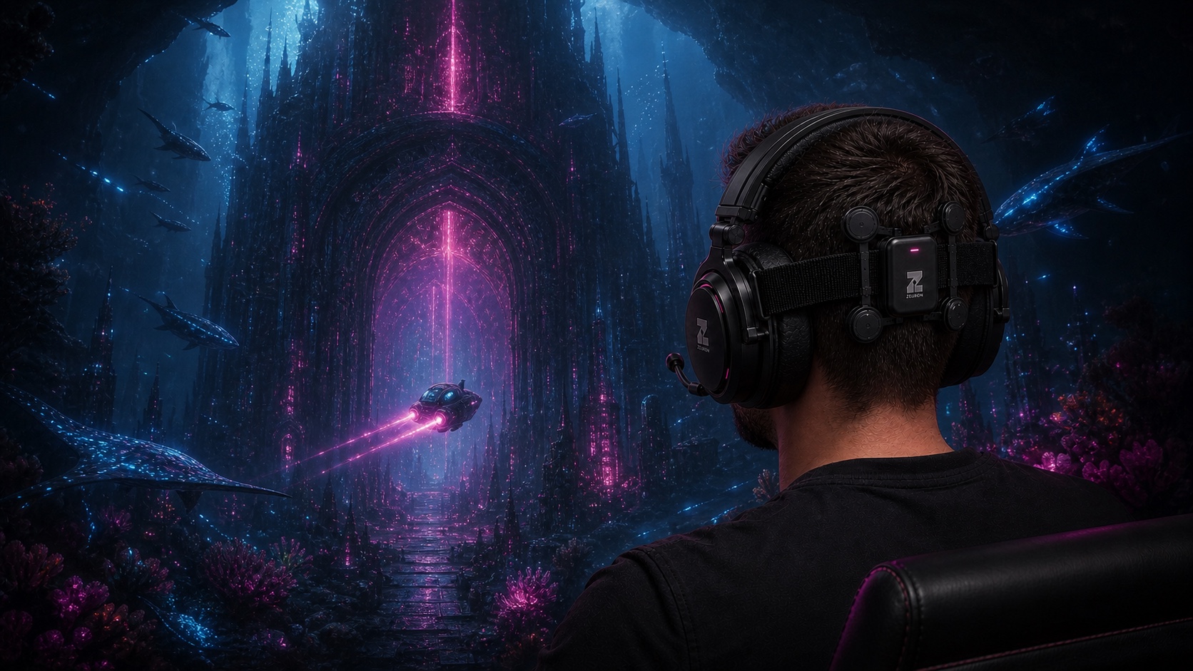 Concept visualization: a player in the Gambit headset exploring an underwater alien city